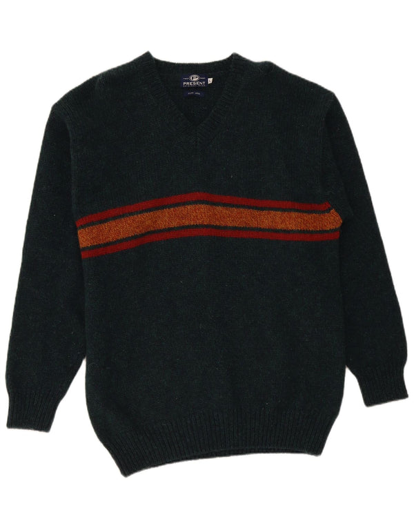 vintage Mens V-Col Jumper Pull Grande laine rayée verte