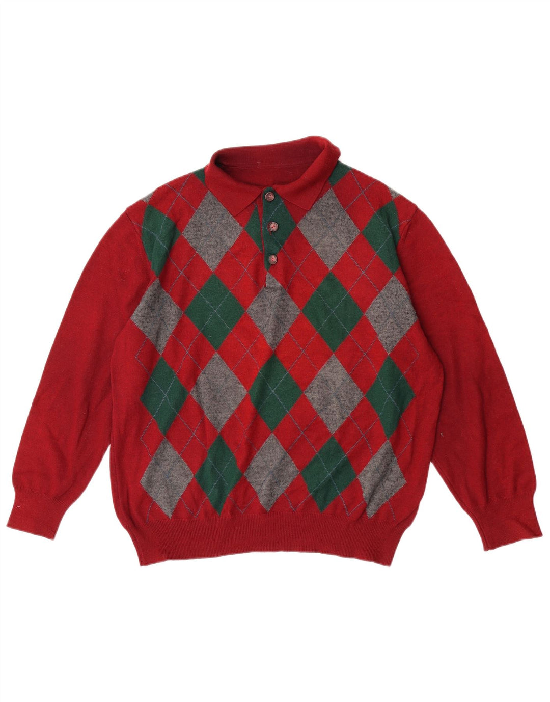 VINTAGE Mens Polo Neck Jumper Sweater Large Red Argyle/Diamond