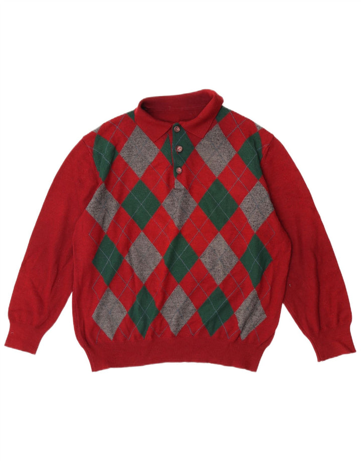 VINTAGE Mens Polo Neck Jumper Sweater Large Red Argyle/Diamond