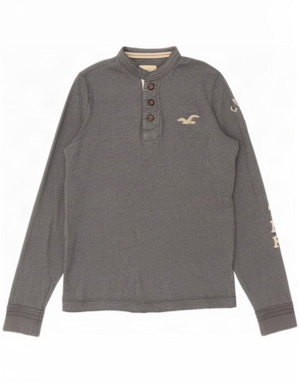 Hollister Mens Graphic Long Sleeve Polo Shirt Medium Grey Cotton