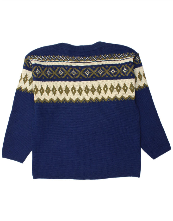 VINTAGE Mens Boat Neck Jumper Sweater Medium Navy Blue Fair Isle