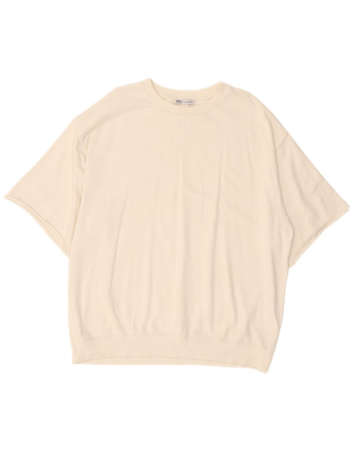 Zara Mens Short Sleeve Sweatshirt Jumper Large White Cotton