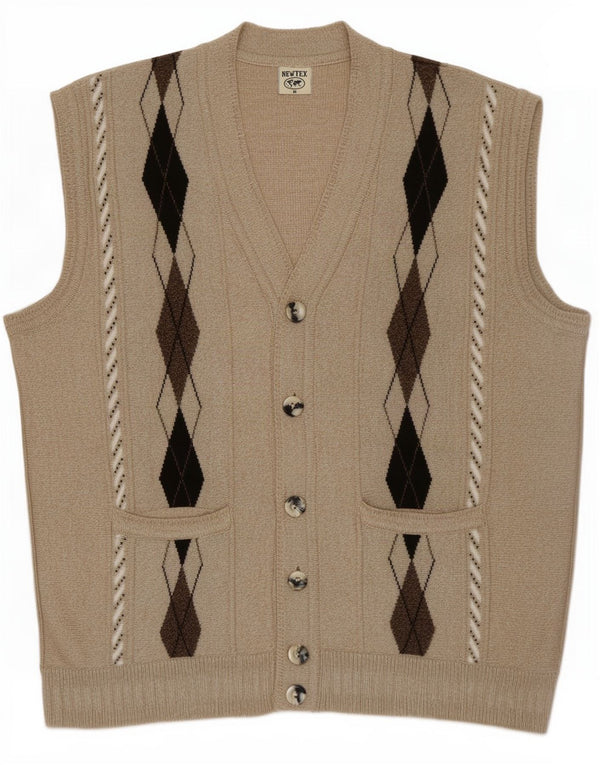 Vintage Mens Cardigan Sweater Medium Beige Argyle/Diamond Acrylic