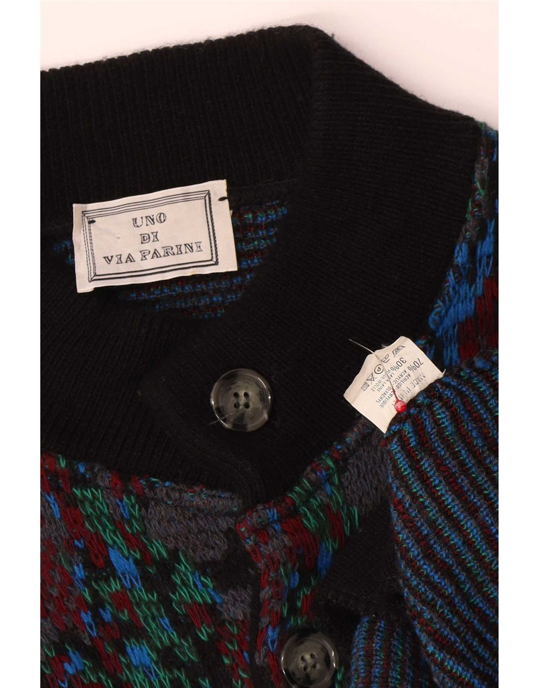 Vintage herre abstrakt mønster cardigan sweater medium flerfarvet uld