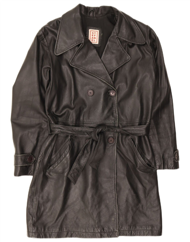 Stefanel Womens Double Breasted Leather Coat UK 14 Medium Black Leather