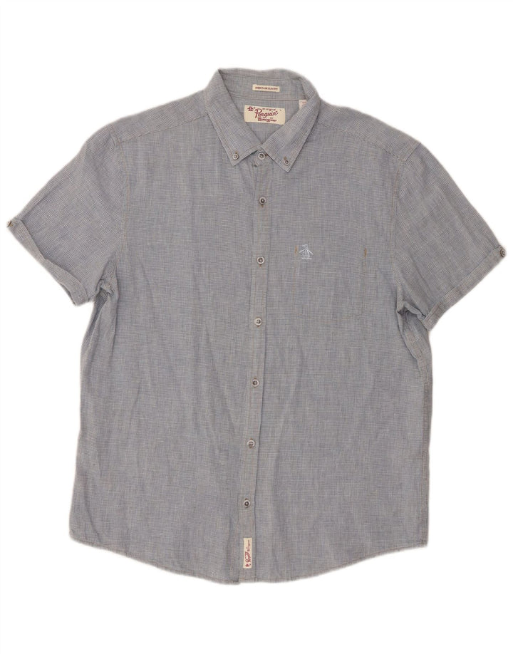 Penguin Mens Heritage Short Sleeve Slim Fit Shirt Large Blue