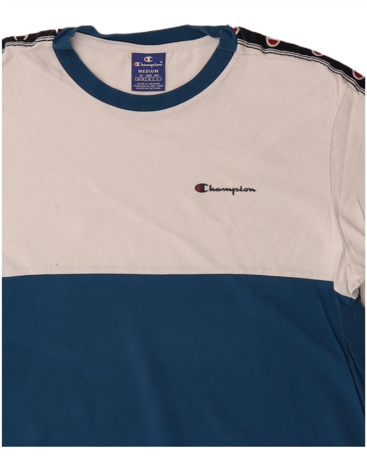 Champion Mens Graphic T-Shirt Top Medium Blue Colourblock Cotton