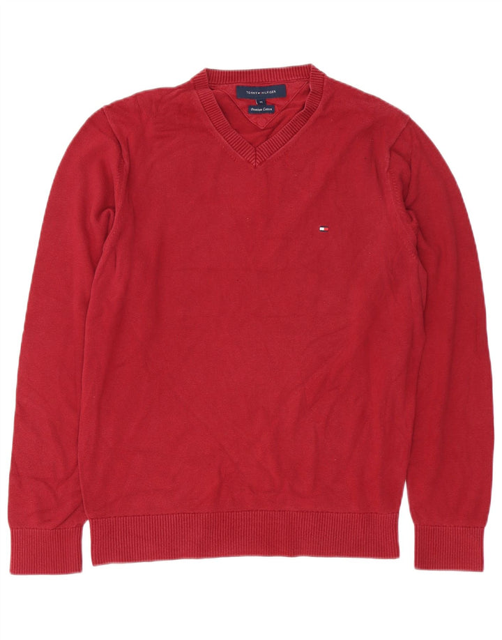 TOMMY HILFIGER Mens V-Neck Jumper Sweater Medium Red Cotton