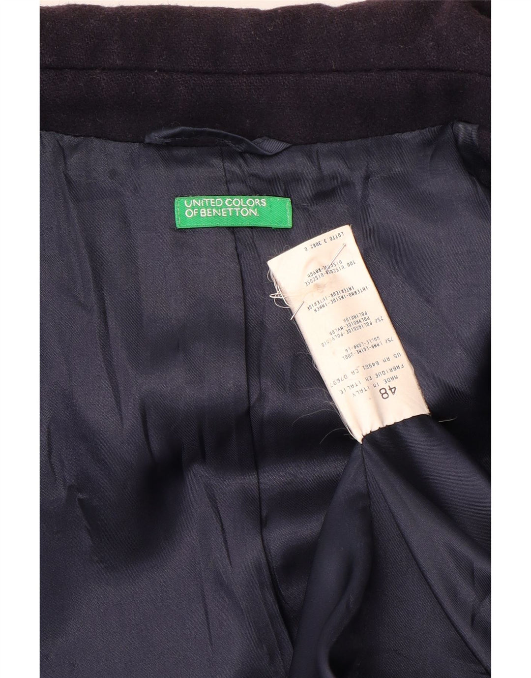 Benetton Mens Pea Coat IT 48 Medium Navy Blue Wool