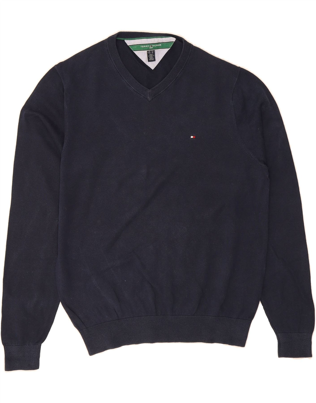 TOMMY HILFIGER Mens V-Neck Jumper Sweater Medium Navy Blue Cotton Vintage Tommy Hilfiger and Second-Hand Tommy Hilfiger from Messina Hembry 