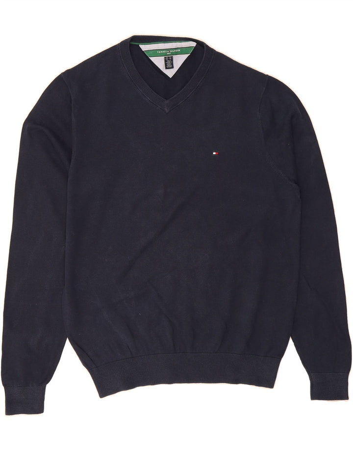 TOMMY HILFIGER Mens V-Neck Jumper Sweater Medium Navy Blue Cotton Vintage Tommy Hilfiger and Second-Hand Tommy Hilfiger from Messina Hembry 