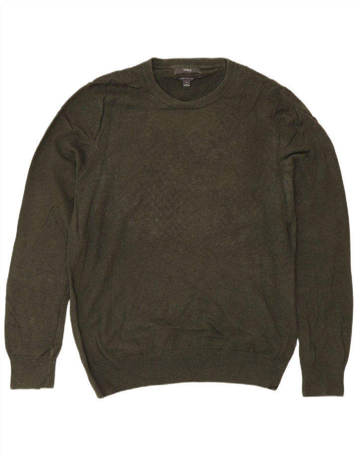 Marks & Spencer Herren-Pullover mit Rundhalsausschnitt, mittlere Khaki-Baumwolle