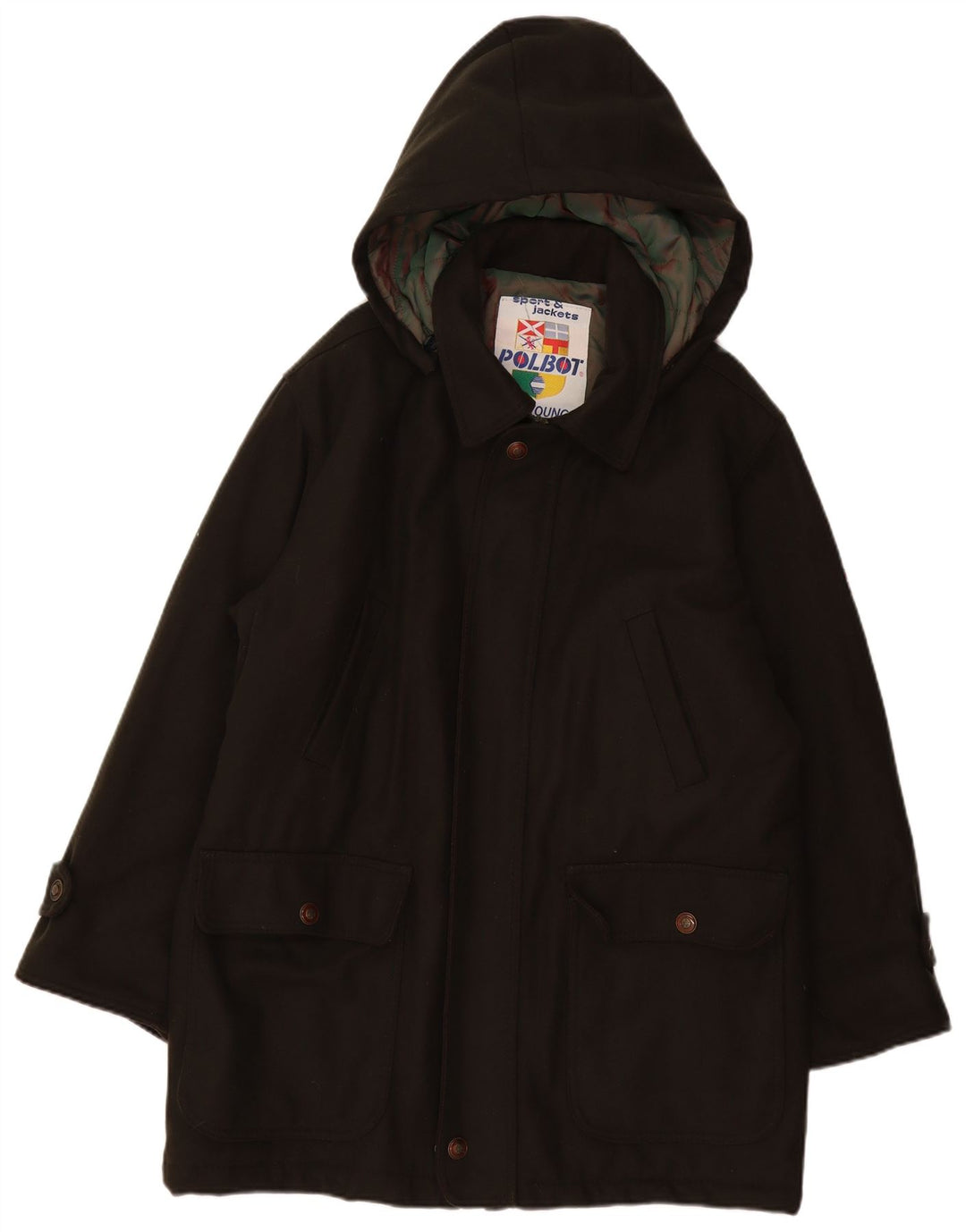 POLBOT Mens Hooded Overcoat UK 40 Large Khaki Wool