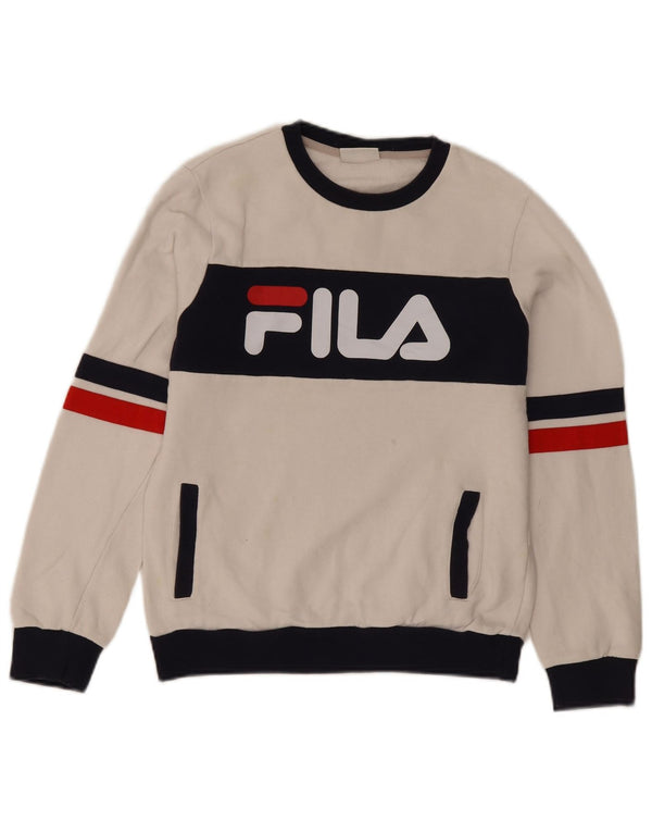 Fila Womens Graphic Sweatshirt Jumper UK 6 XS Blanc Colorblock Coton