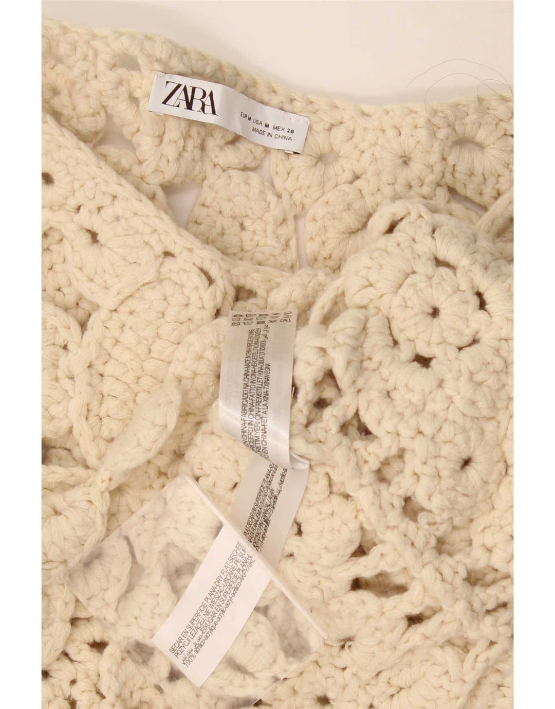 Zara Womens Oversized 3/4 Sleeve Crochet Blouse Top UK 14 Medium Beige