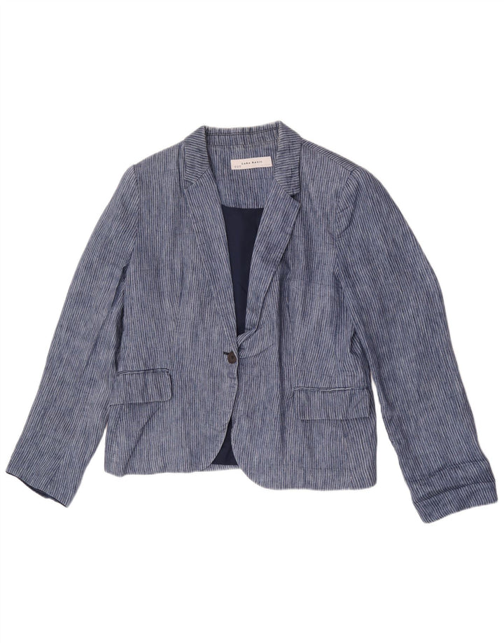 Zara Womens 1 Button Blazer Jacket UK 18 XL Blue Pinstripe Polyester