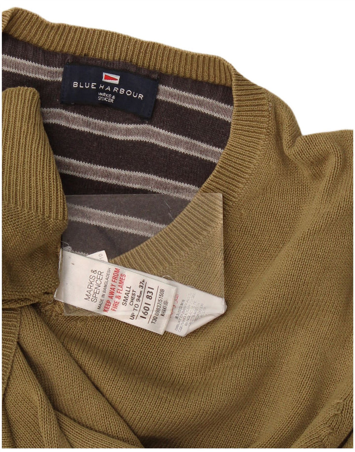 Marks & Spencer Mens Blue Harbour V-Neck Jumper Sweater Small Khaki Cotton