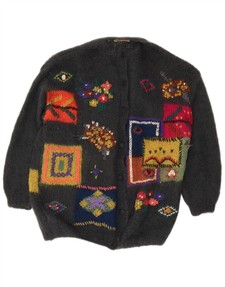 Vintage Womens Graphic Cardigan Sweater UK 18 XL Grey Patchwork