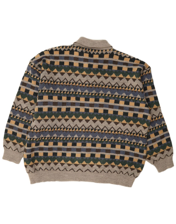 Pulover vintage pentru bărbați cu gât polo XL, acrilic geometric, gri