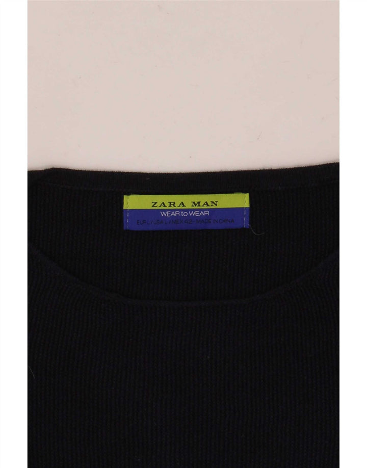 Zara Mens Crew Neck Jumper Sweater Large Navy Blue