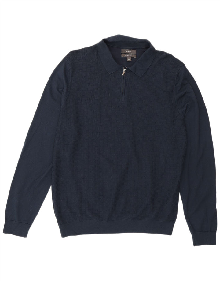 Marks & Spencer Mens Polo Neck Jumper Sweater Large Navy Blue Geometric