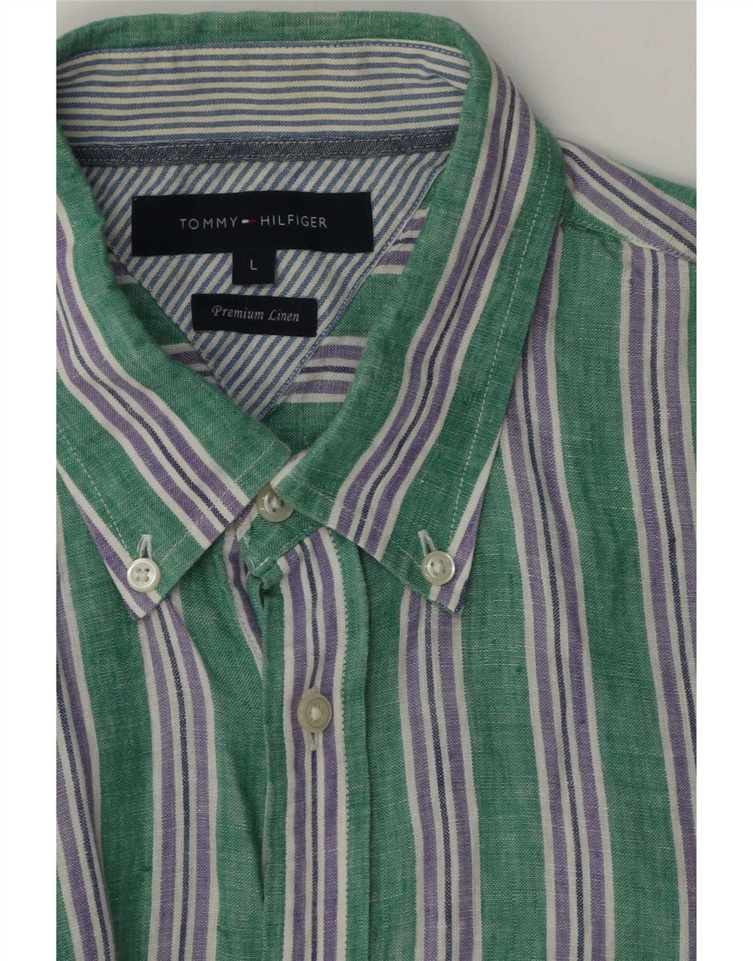 Tommy Hilfiger Mens Shirt Large Green Striped Linen