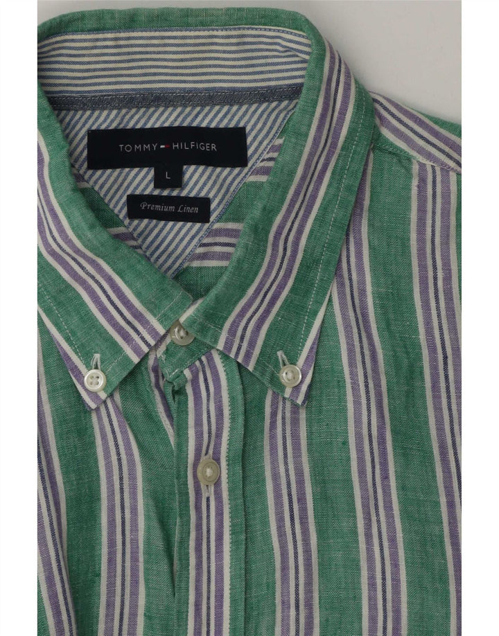 Tommy Hilfiger Mens Shirt Large Green Striped Linen