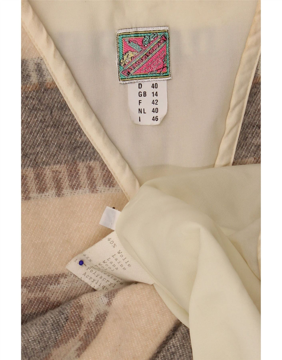 Vintage Dame Gilet UK 14 Stor Beige Geometrisk Uld