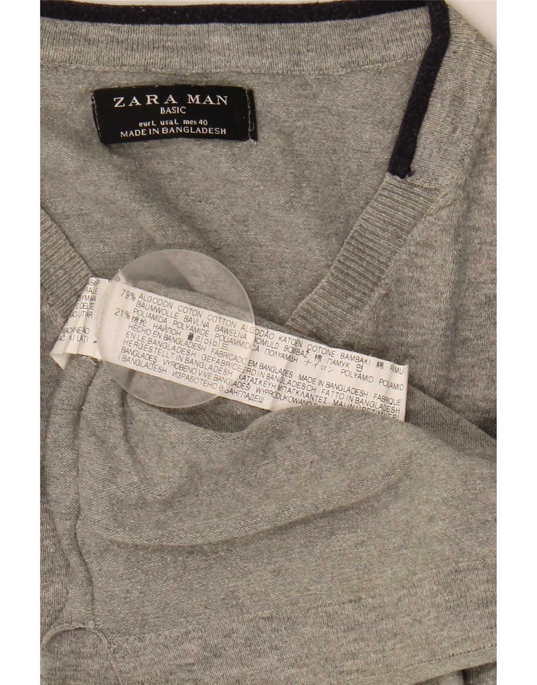 Zara Mens V-Neck Jumper Sweater Large Grey Cotton