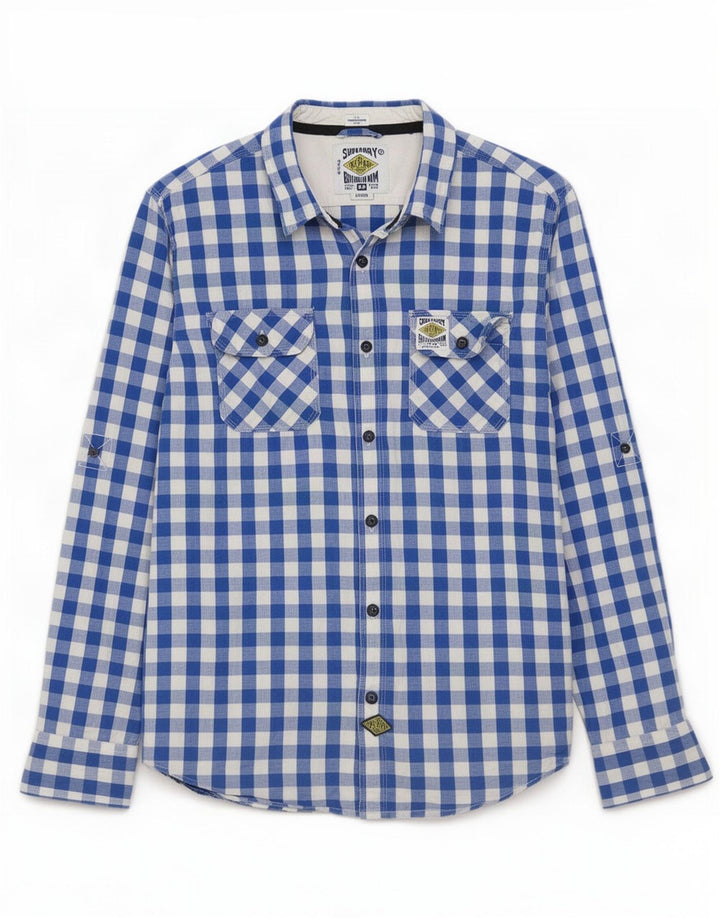 Camicia da uomo Superdry Large in cotone a quadretti blu