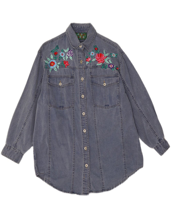 Vintage kvinders grafisk langærmet denimskjorte UK 14 Large Navy Blue Floral