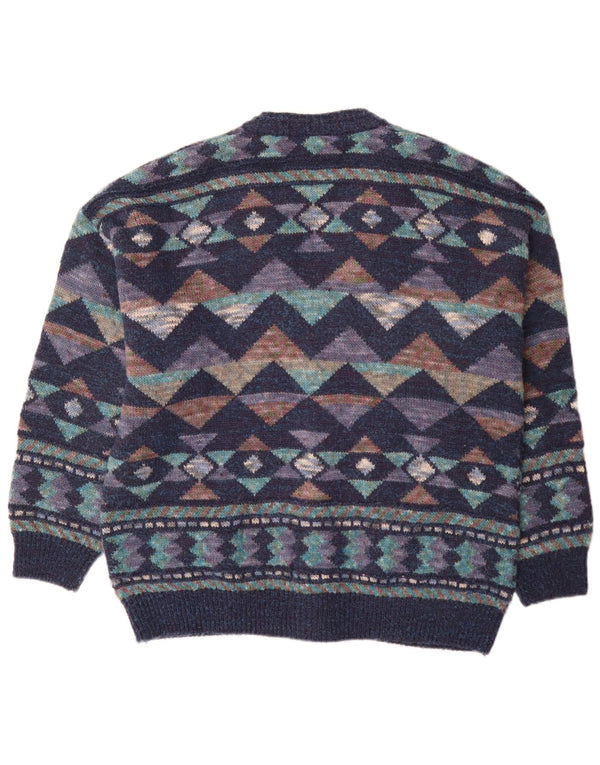 vintage Mens Cardigan Sweater IT 54 XL Bleu Marine Géométrique Laine
