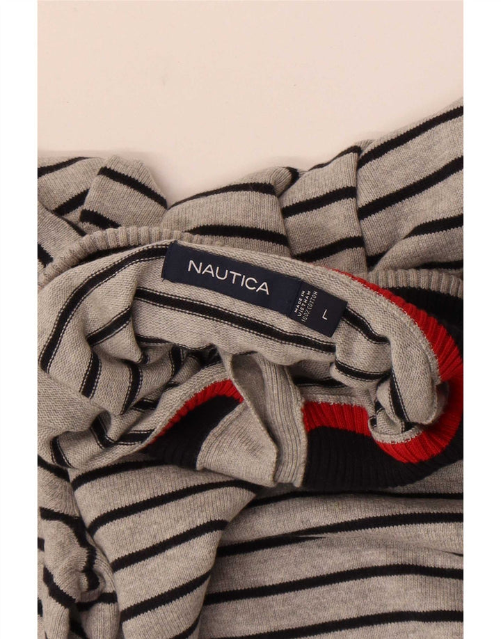 Nautica Mens Button Neck Jumper Sweater Large Grey Striped Cotton