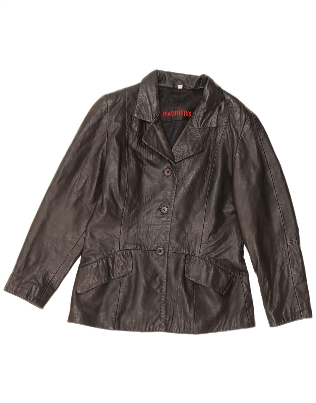 MAURITIUS Giacca blazer in pelle da donna a 3 bottoni UK 18 XL Pelle nera
