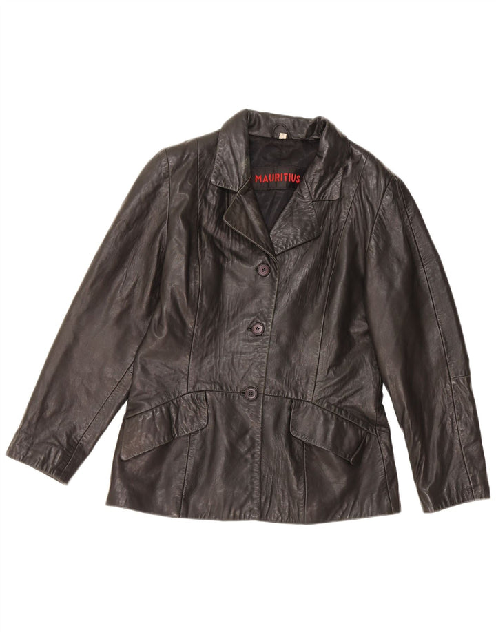 MAURITIUS Giacca blazer in pelle da donna a 3 bottoni UK 18 XL Pelle nera