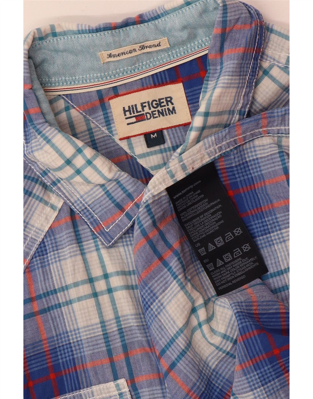 Tommy Hilfiger Mens Graphic Short Sleeve Shirt Medium Blue Check Cotton