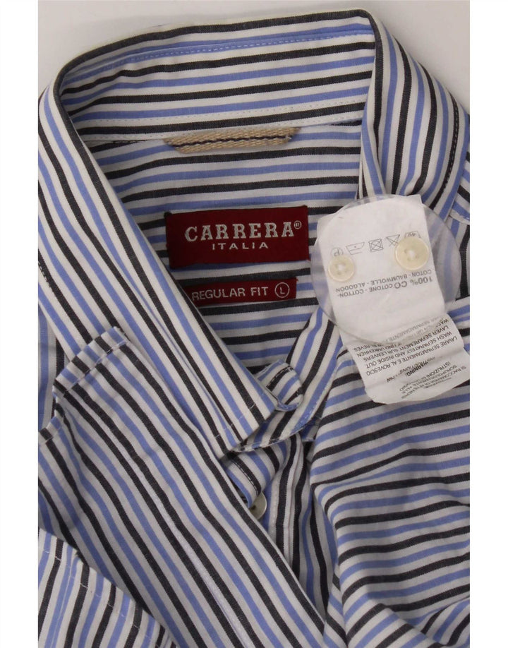 Carrera Mens Short Sleeve Regular Fit Shirt Large Blue Striped Cotton