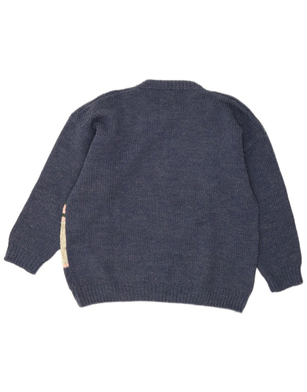 Vintage Mens Graphic Crew Neck Jumper Sweater Large Navy Blue Wool