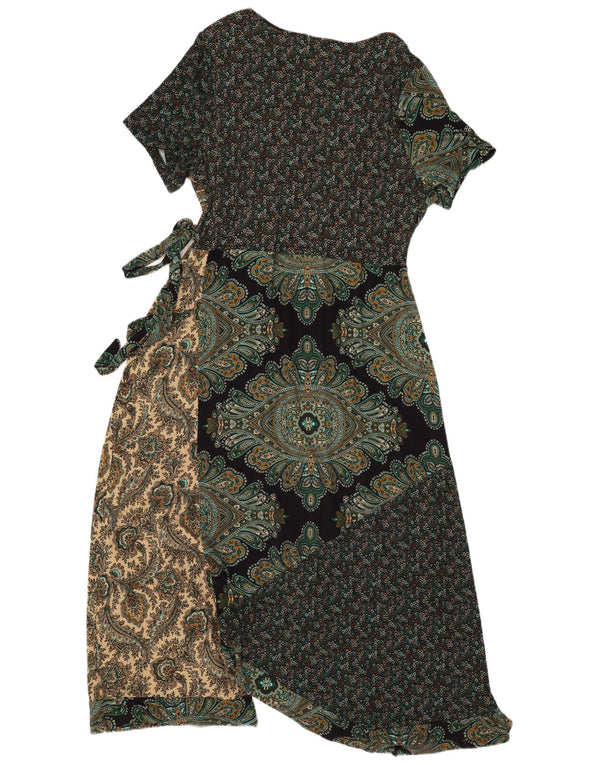 Vintage Damen Wickelkleid UK 20 2XL Grün Patchwork Viskose Boho