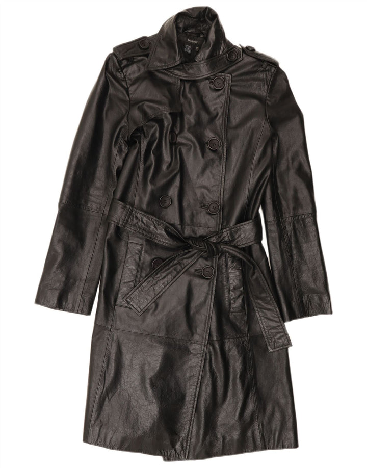 Zara Womens Military Leather Coat UK 10 Small Black Leather