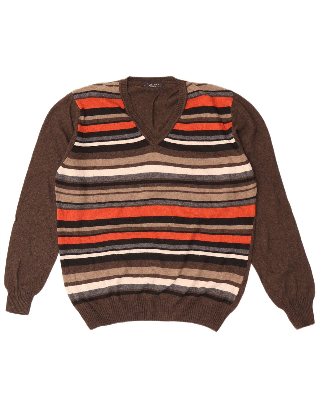 Zara Mens V-Neck Jumper Sweater Large Brown Striped Viscose