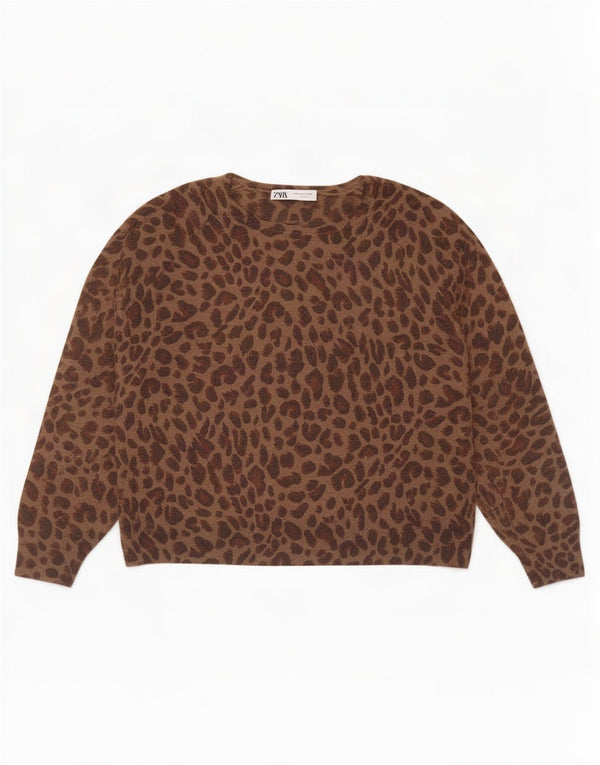 Zara Jersey con cuello barco para mujer, talla 44, estampado animal marrón medio