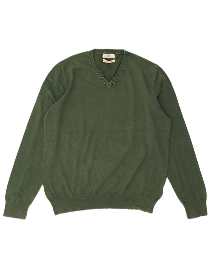 MARKS & SPENCER Herre V-hals sweater Stor grøn bomuld