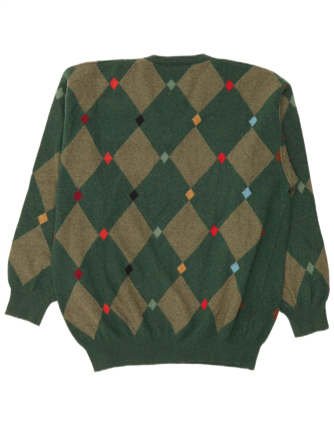 Andrea Fenzi Mens V-Neck Jumper Sweater IT 50 Medium Green Argyle/Diamond