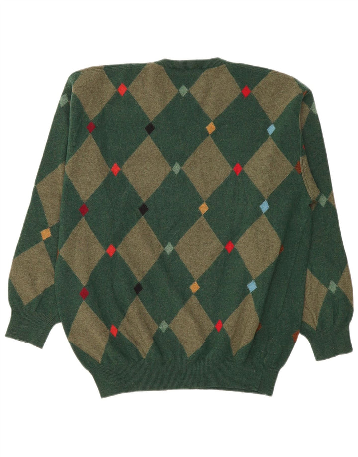 Andrea Fenzi Mens V-Neck Jumper Sweater IT 50 Medium Green Argyle/Diamond