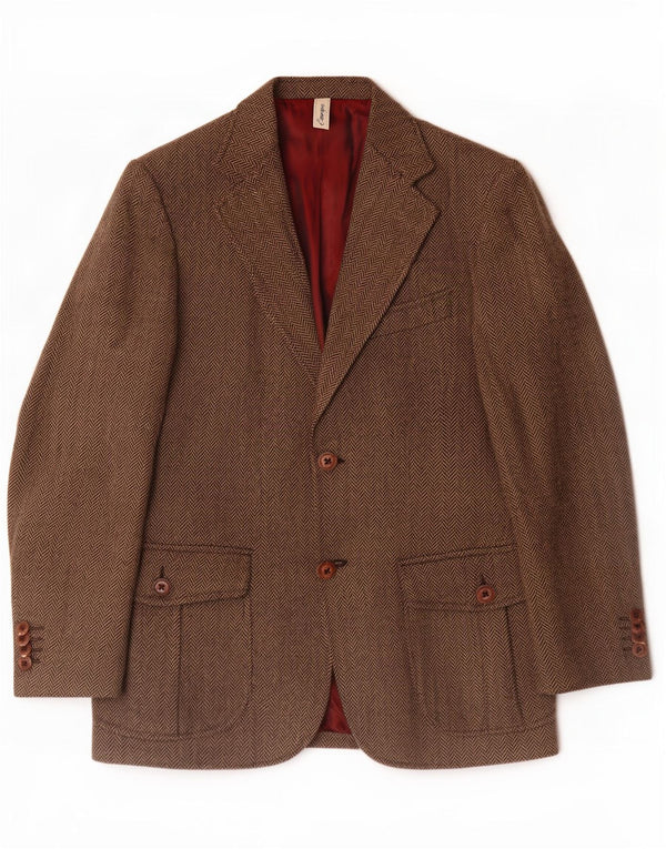 Vintage Mens 2 Button Blazer Jacket IT 46 Small Brown Herringbone Wool