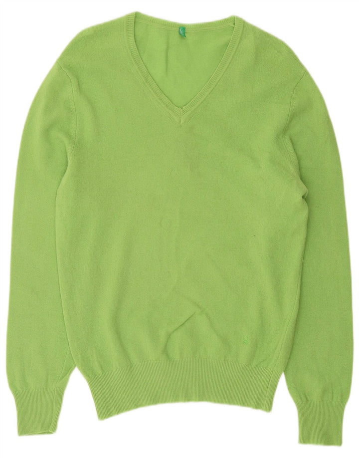 Benetton Womens V-Neck Jumper Sweater UK 14 Medium Green Wool