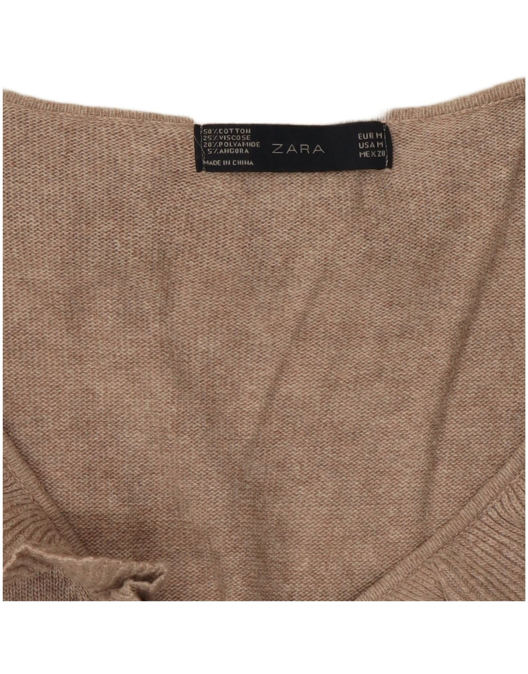 Zara Womens Ruffle Front V-Neck Jumper Sweater UK 12 Medium Beige Flecked