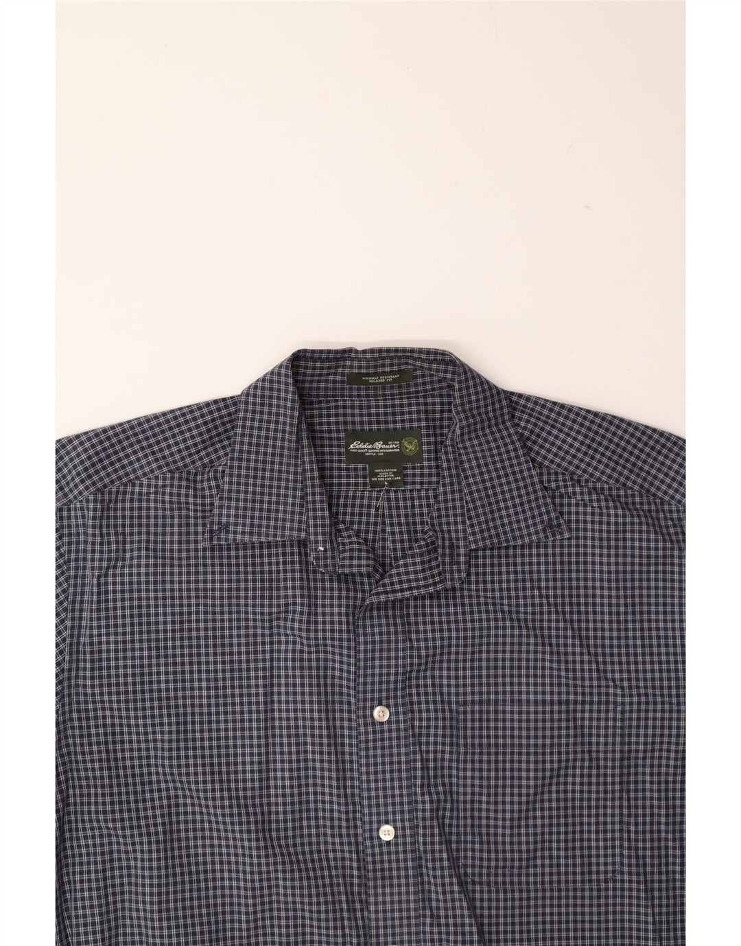 EDDIE BAUER Mens Wrinkle Resistant Relaxed Fit Shirt Large Navy Blue Check Vintage Eddie Bauer and Second-Hand Eddie Bauer from Messina Hembry 