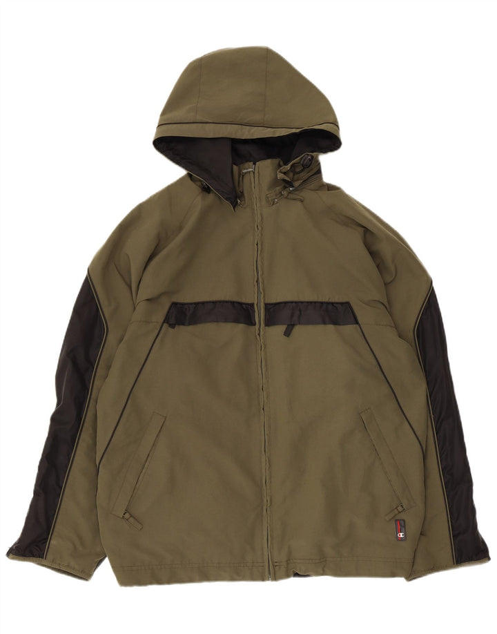 Champion Mens Hooded Windbreaker Jacket UK 38 Medium Khaki Colourblock
